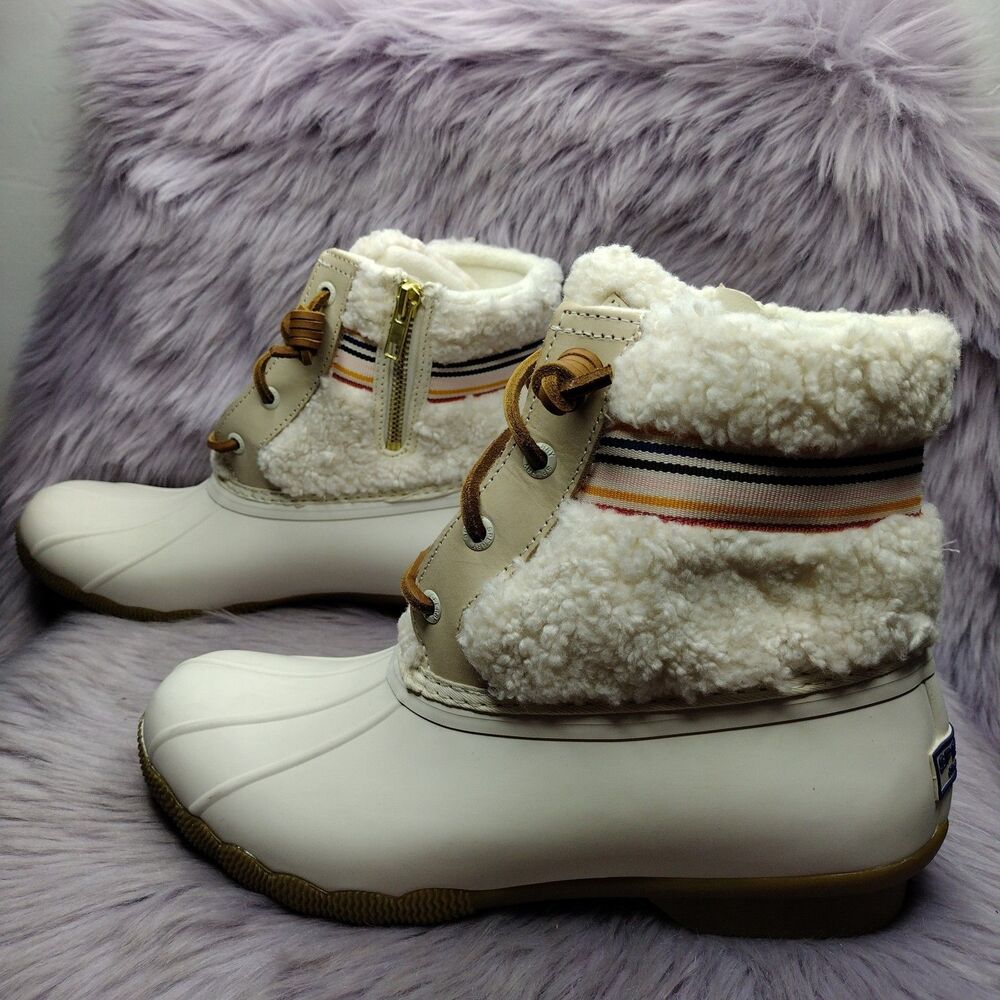 NEW Sperry Saltwater Rainbow Sherpa Duck Boot Women's Size 10 Rainbow Ivory